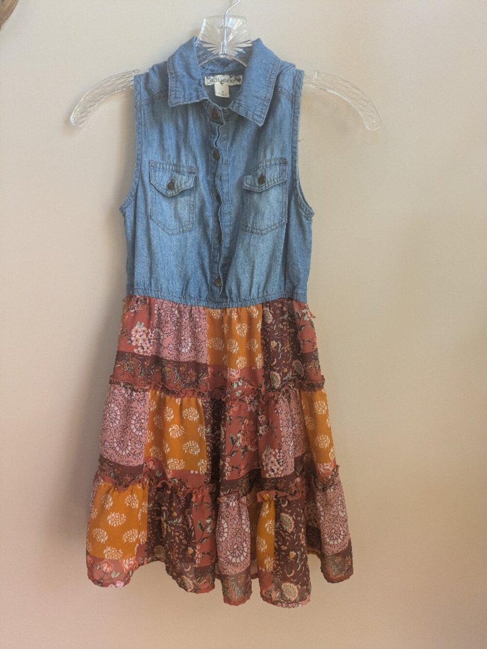 knitworks girl denim and floral orange dress size small sleeveless #693